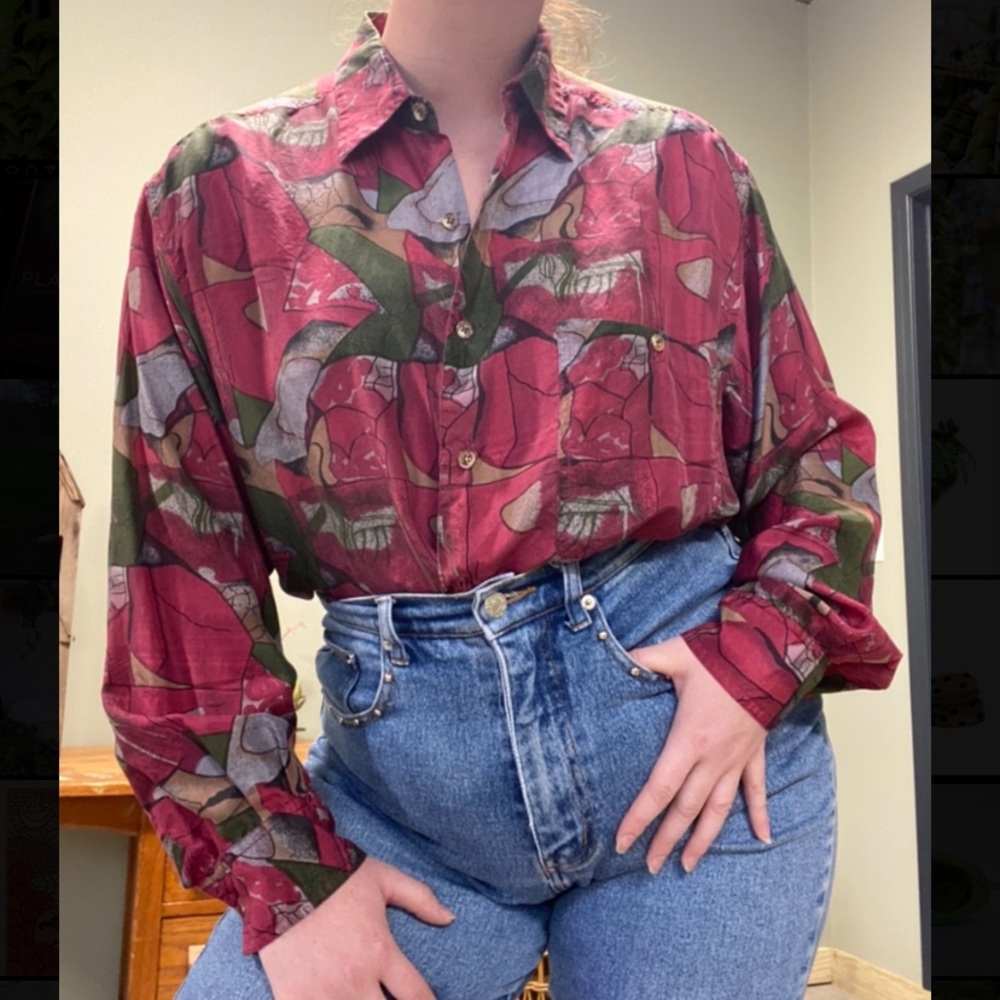 Vintage 100% silk abstract button up shirt M